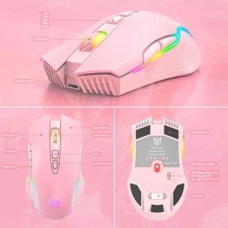 DeTech Herní myš Onikuma CW905, Wireless, RGB, 7D, růžová