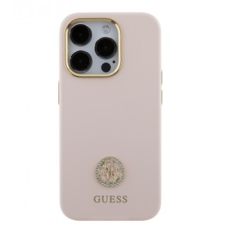 Guess Liquid Silicone 4G Strass Metal Logo Zadní Kryt pro iPhone 15 Pro Růžový