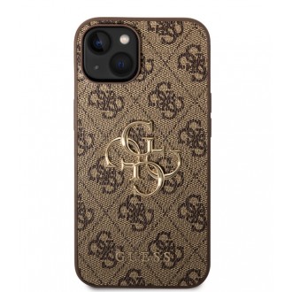 Guess PU 4G Metal Logo Zadní Kryt pro iPhone 15 Hnědý
