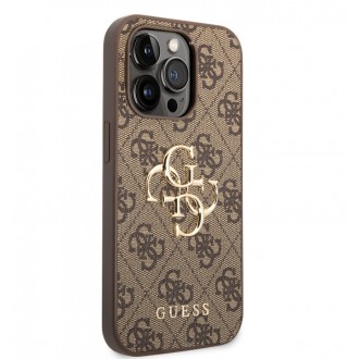 Guess PU 4G Metal Logo Zadní Kryt pro iPhone 15 Pro Hnědý