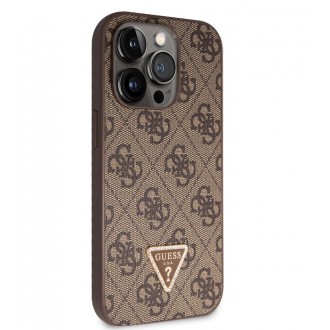 Guess PU 4G Strass Triangle Metal Logo Zadní Kryt + Crossbody Popruh pro iPhone 15 Pro Hnědý