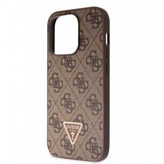 Guess PU 4G Strass Triangle Metal Logo Zadní Kryt + Crossbody Popruh pro iPhone 15 Pro Hnědý