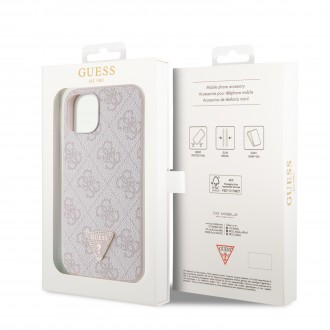 Guess PU 4G Strass Triangle Metal Logo Zadní Kryt pro iPhone 15 Růžový