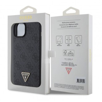 Guess PU 4G Strass Triangle Metal Logo Zadní Kryt pro iPhone 15 Plus Černý