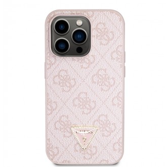 Guess PU 4G Strass Triangle Metal Logo Zadní Kryt pro iPhone 15 Pro Růžový
