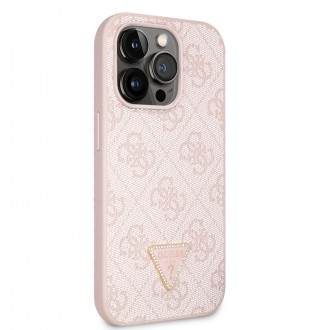 Guess PU 4G Strass Triangle Metal Logo Zadní Kryt pro iPhone 15 Pro Růžový
