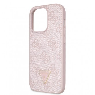 Guess PU 4G Strass Triangle Metal Logo Zadní Kryt pro iPhone 15 Pro Růžový
