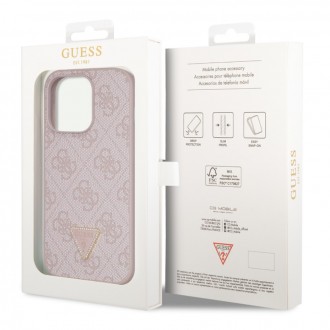 Guess PU 4G Strass Triangle Metal Logo Zadní Kryt pro iPhone 15 Pro Růžový
