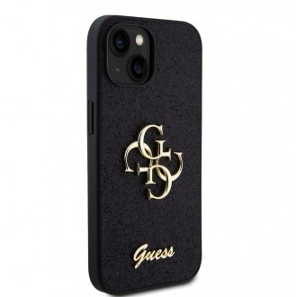 Guess PU Fixed Glitter 4G Metal Logo Zadní Kryt pro iPhone 15 Černý