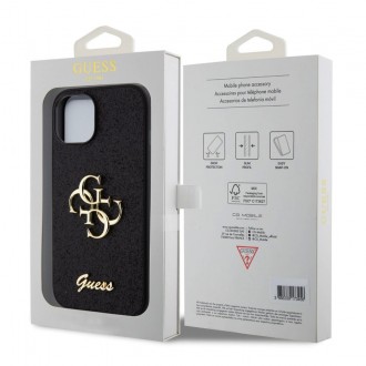 Guess PU Fixed Glitter 4G Metal Logo Zadní Kryt pro iPhone 15 Černý