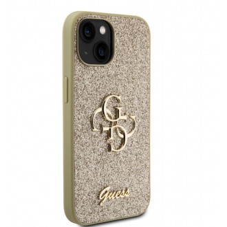 Guess PU Fixed Glitter 4G Metal Logo Zadní Kryt pro iPhone 15 Zlatý