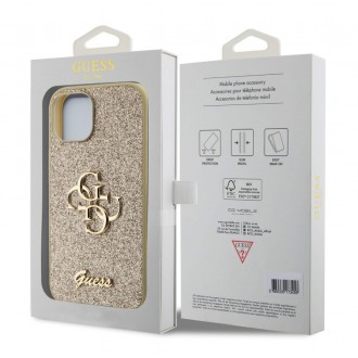 Guess PU Fixed Glitter 4G Metal Logo Zadní Kryt pro iPhone 15 Zlatý