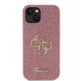 Guess PU Fixed Glitter 4G Metal Logo Zadní Kryt pro iPhone 15 Růžový