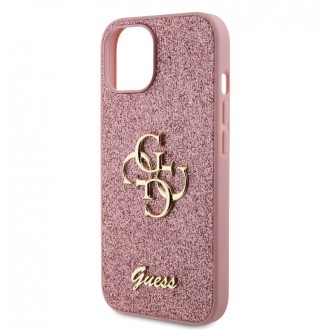 Guess PU Fixed Glitter 4G Metal Logo Zadní Kryt pro iPhone 15 Růžový