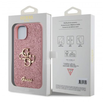 Guess PU Fixed Glitter 4G Metal Logo Zadní Kryt pro iPhone 15 Růžový