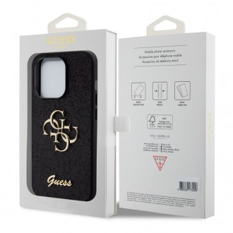 Guess PU Fixed Glitter 4G Metal Logo Zadní Kryt pro iPhone 15 Pro Černý