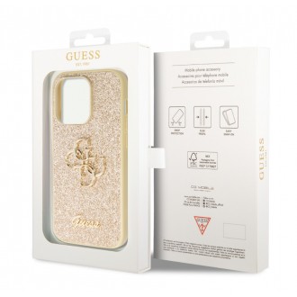 Guess PU Fixed Glitter 4G Metal Logo Zadní Kryt pro iPhone 15 Pro Max Zlatý