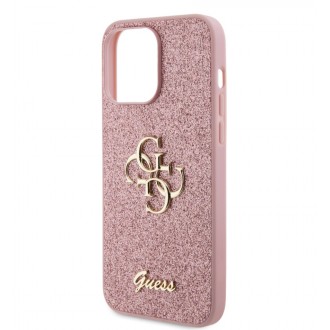 Guess PU Fixed Glitter 4G Metal Logo Zadní Kryt pro iPhone 15 Pro Max Růžový