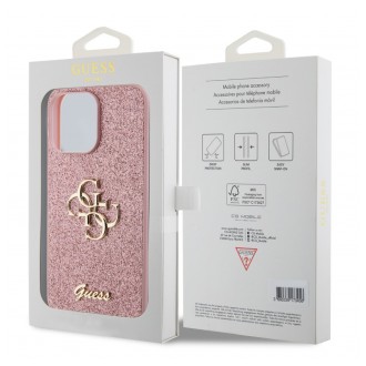 Guess PU Fixed Glitter 4G Metal Logo Zadní Kryt pro iPhone 15 Pro Max Růžový