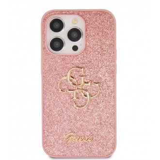 Guess PU Fixed Glitter 4G Metal Logo Zadní Kryt pro iPhone 15 Pro Růžový