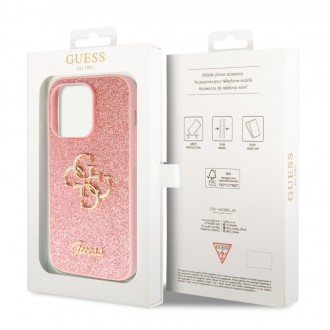Guess PU Fixed Glitter 4G Metal Logo Zadní Kryt pro iPhone 15 Pro Růžový