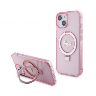 Guess IML Ring Stand Glitter MagSafe Zadní Kryt pro iPhone 15, růžová