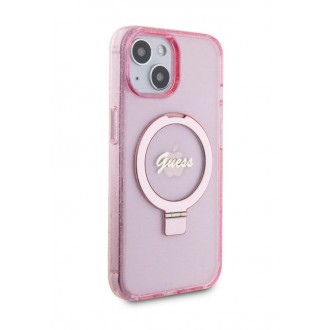 Guess IML Ring Stand Glitter MagSafe Zadní Kryt pro iPhone 15, růžová