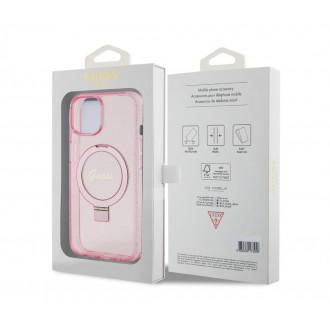 Guess IML Ring Stand Glitter MagSafe Zadní Kryt pro iPhone 15, růžová