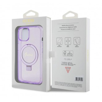 Guess IML Ring Stand Glitter MagSafe Zadní Kryt pro iPhone 15, fialová
