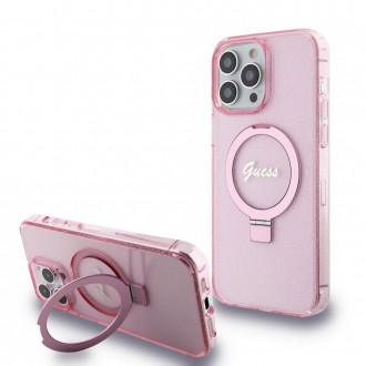 Guess IML Ring Stand Glitter MagSafe Zadní Kryt pro iPhone 15 Pro, růžová