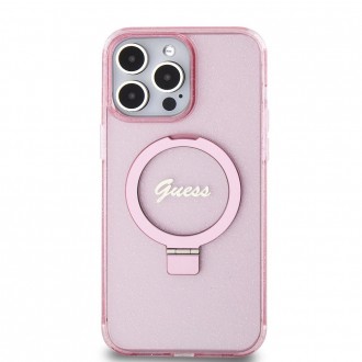 Guess IML Ring Stand Glitter MagSafe Zadní Kryt pro iPhone 15 Pro, růžová