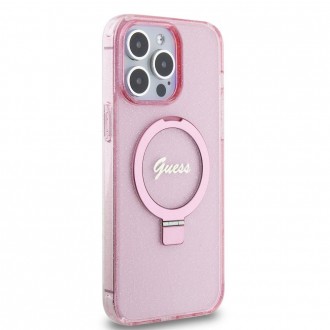 Guess IML Ring Stand Glitter MagSafe Zadní Kryt pro iPhone 15 Pro, růžová
