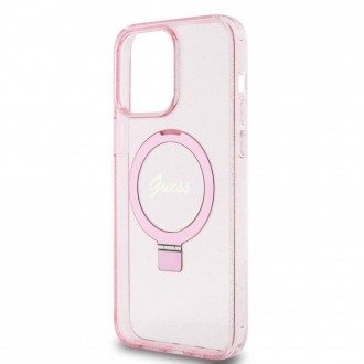 Guess IML Ring Stand Glitter MagSafe Zadní Kryt pro iPhone 15 Pro, růžová