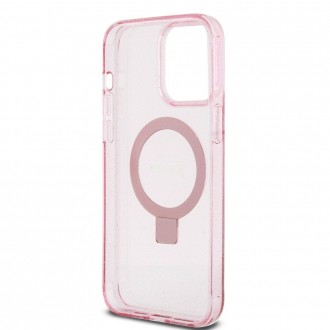 Guess IML Ring Stand Glitter MagSafe Zadní Kryt pro iPhone 15 Pro, růžová