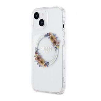 Guess PC/TPU Flowers Ring Glossy Logo MagSafe Zadní Kryt pro iPhone 15 Plus Transparent
