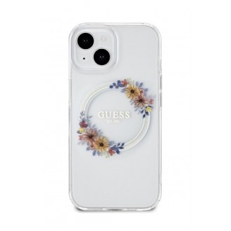 Guess PC/TPU Flowers Ring Glossy Logo MagSafe Zadní Kryt pro iPhone 15 Plus Transparent