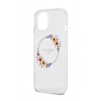 Guess PC/TPU Flowers Ring Glossy Logo MagSafe Zadní Kryt pro iPhone 15 Plus Transparent