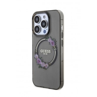 Guess PC/TPU Flowers Ring Glossy Logo MagSafe Zadní Kryt pro iPhone 15 Pro Black