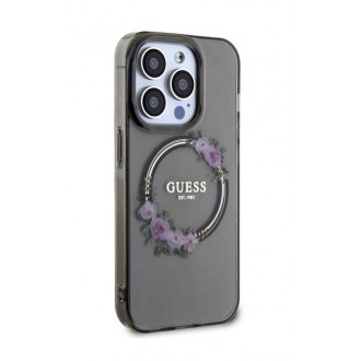 Guess PC/TPU Flowers Ring Glossy Logo MagSafe Zadní Kryt pro iPhone 15 Pro Black
