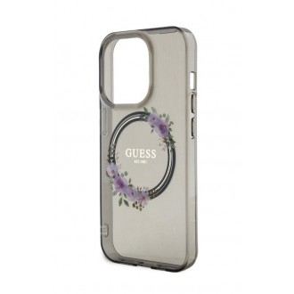 Guess PC/TPU Flowers Ring Glossy Logo MagSafe Zadní Kryt pro iPhone 15 Pro Black