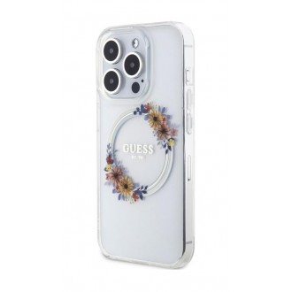 Guess PC/TPU Flowers Ring Glossy Logo MagSafe Zadní Kryt pro iPhone 15 Pro Max Transparent