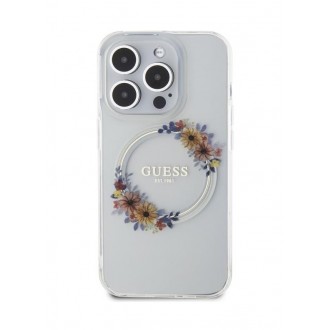 Guess PC/TPU Flowers Ring Glossy Logo MagSafe Zadní Kryt pro iPhone 15 Pro Max Transparent