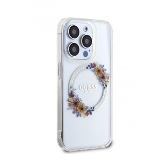 Guess PC/TPU Flowers Ring Glossy Logo MagSafe Zadní Kryt pro iPhone 15 Pro Max Transparent