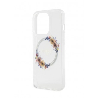 Guess PC/TPU Flowers Ring Glossy Logo MagSafe Zadní Kryt pro iPhone 15 Pro Max Transparent