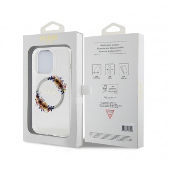 Guess PC/TPU Flowers Ring Glossy Logo MagSafe Zadní Kryt pro iPhone 15 Pro Max Transparent