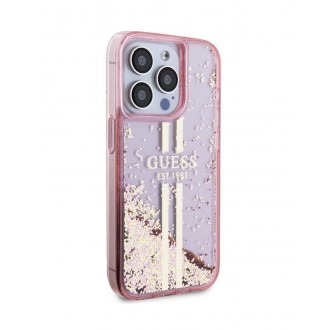 Guess PC/TPU Liquid Glitter Gold Stripe Zadní Kryt pro iPhone 15 Pro Pink
