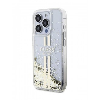 Guess PC/TPU Liquid Glitter Gold Stripe Zadní Kryt pro iPhone 15 Pro Transparent