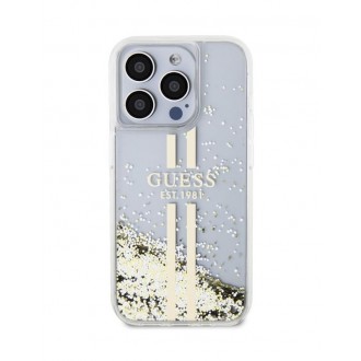 Guess PC/TPU Liquid Glitter Gold Stripe Zadní Kryt pro iPhone 15 Pro Transparent