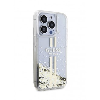 Guess PC/TPU Liquid Glitter Gold Stripe Zadní Kryt pro iPhone 15 Pro Transparent