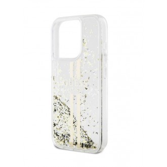 Guess PC/TPU Liquid Glitter Gold Stripe Zadní Kryt pro iPhone 15 Pro Transparent